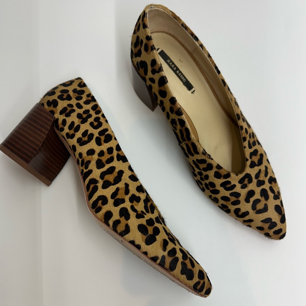 Zara Leopard Print Block Heel Pumps - Tan, Black - Picture 2 of 15